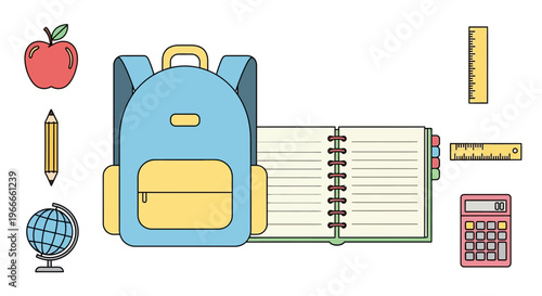 Backpack with school supplies around it.