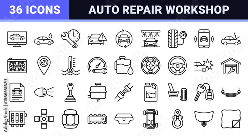 Automotive Service and Repair Linear Graphics, Minimalist Monoline Icons for Garage Maintenance, Professional Vehicle Diagnostics Design.