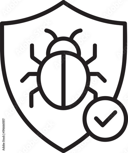 Security shield with bug and checkmark representing guaranteed protection against pest infestation concept line icon vector