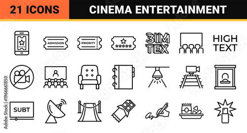 Cinema and Movie Theater Entertainment Linear Graphic Set featuring Minimalist Monoline Geometric Art for Digital Media and Interfaces.
