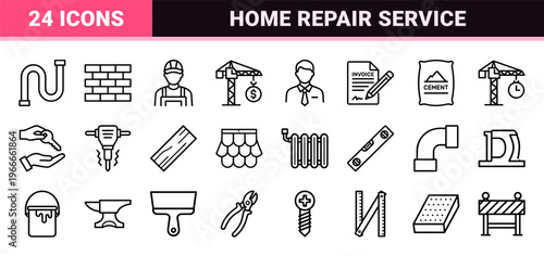 Construction and Home Improvement Editable Stroke Line Art Featuring Minimalist Industrial Tools Residential Repair and Building Infrastructure
