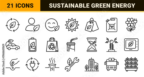 Ecological Sustainability and Green Energy Concept Outline Icons Featuring Environmental Conservation, Renewable Power, and Zero Waste Symbols