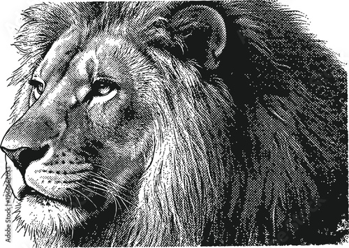 Regal lion profile in a detailed halftone illustration, capturing the powerful essence of a noble predator with intricate black and white artistry and a timeless aesthetic