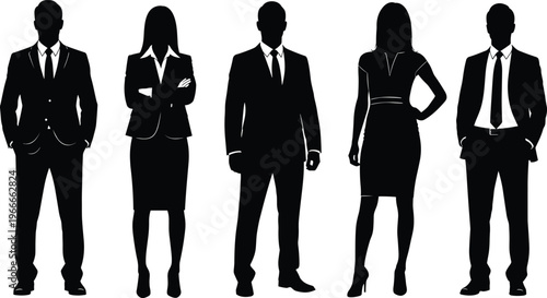 Business people silhouettes in formal suits standing confident professionals men and women corporate team isolated black vector illustration set
