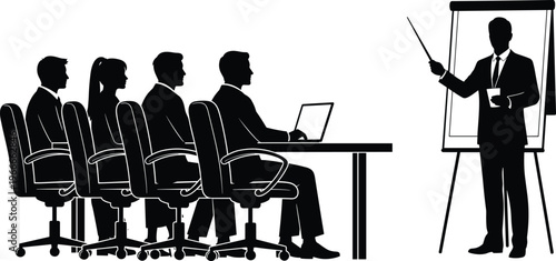 Business meeting presentation silhouette with team audience sitting at table, speaker explaining strategy on board corporate training vector illustration