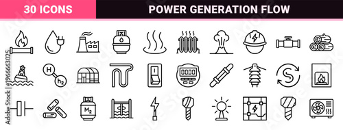 Sustainable Energy and Electrical Power Infrastructure Icon Set featuring Minimalist Monoline Geometric Outlines for Engineering Industry