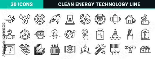 Sustainable Energy and Power Grid Systems Minimalist Monoline Outline Icon Set for Renewable Technology and Industrial Infrastructure