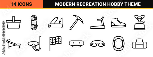 Outdoor Recreation and Active Sport Lifestyle Outline Symbols featuring Minimalist Geometric Monoline Aesthetic for Modern Web Design