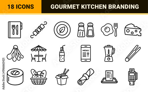 Gourmet Restaurant and Culinary Service Minimalist Monoline Icons Featuring Fine Dining Gastronomy and Kitchen Equipment Outline Art