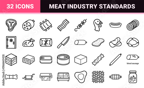 Professional Butchery and Meat Products Monoline Icon Set featuring Geometric Outline Symbols for Sustainable Food Industry and Culinary Design