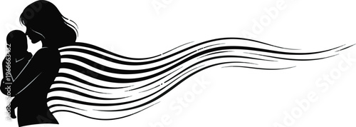 Artistic silhouette of mother holding baby with long flowing hair lines symbolizing grace and maternal connection.