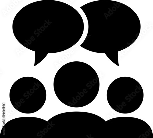 三人の対話と吹き出しのモノクロアイコン（ディスカッション・座談会・意見交換・コミュニティ・交流）
