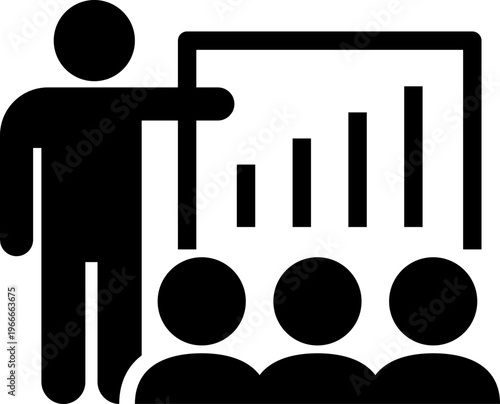 ホワイトボードで解説する人物のモノクロアイコン（シルエット・教育・プレゼン・講師・研修・ビジネス）