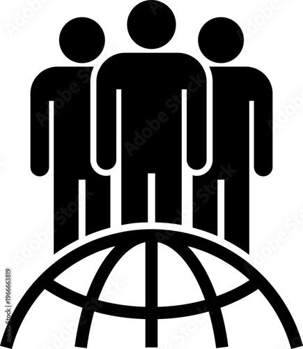 グローバルなビジネスとチームワークを表現した地球と人物のアイコン（モノクロ・シルエット・国際協力・多国籍・成功）