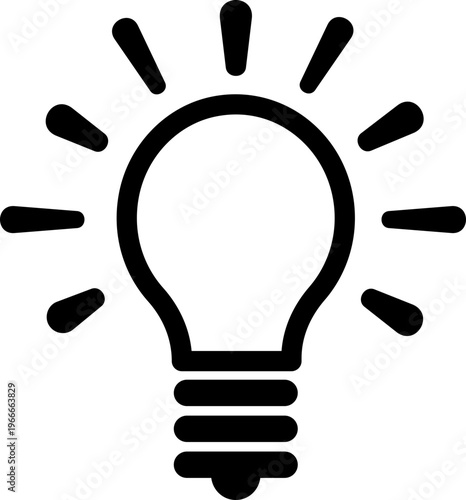 アイデアのひらめきと創造的解決策を表現した電球のモノクロアイコン（発想・発見・ヒント・創造）