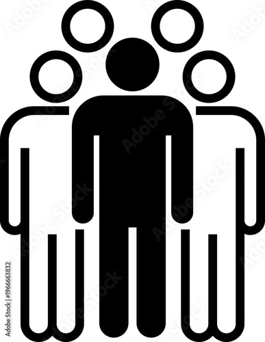 多人数チームや組織を表現した五人の人物シルエットアイコン（モノクロ・集団・スタッフ・ビジネス・協力）