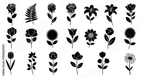Collection of Black and White Floral Silhouettes.