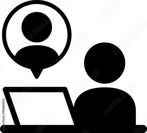 ノートパソコンとオンラインコミュニケーションを表現したモノクロアイコン（シルエット・吹き出し・リモートワーク・Web会議・面談）