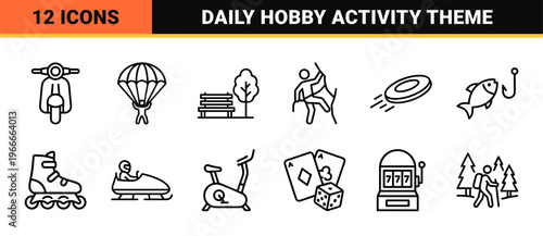 Outdoor Recreation and Hobby Lifestyle Line Art Featuring Minimalist Monoline Geometric Symbols for Travel, Sports, and Leisure Activities