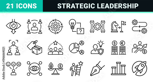 Strategic Business Leadership and Corporate Management Icons featuring Minimalist Geometric Line Art and Professional Executive Symbols