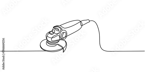 Line art of handheld electric angle grinder with cutting disc. Non editable stroke, grinder tool, polishing machine one line art. Continuous line drawing of repair, professional, hand, people, concept