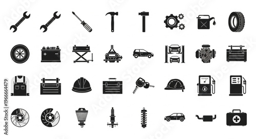 Collection of Automotive Tools and Equipment Silhouettes for Repair and Maintenance.