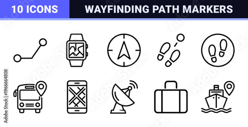 Minimalist Location and Route Navigation Line Art featuring Geometric Map Pins, Waypoints, and Transportation Symbols for Modern UI Design.