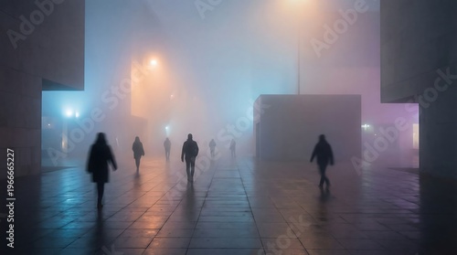 Silhouettes of several pedestrians walking through a dark urban plaza filled with dense fog
