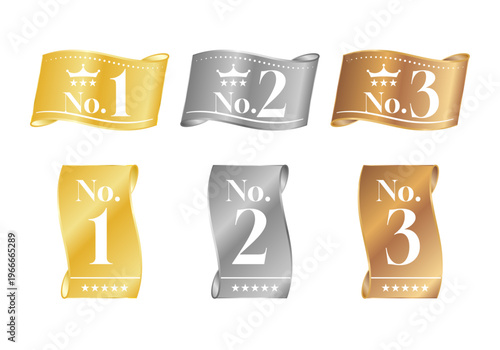 金・銀・銅のリボンバナーにNo.1・2・3を表示したランキングバッジの豪華セットイラスト