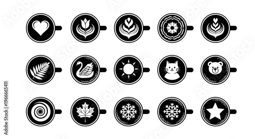 Set of fifteen overhead view latte art icons showcasing various intricate foam designs in black and white circles