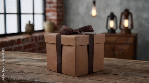 A rustic brown gift box with a ribbon bow sits on a wooden table in an industrial loft setting