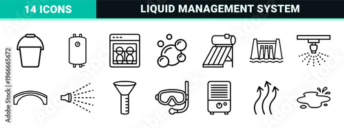 Hydrophobic Coating and Water Resistance Technology Linear Icon Set featuring Moisture Protection, Plumbing, and Liquid Repellency Symbols.