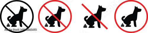 No Dog Pooping Sign Vector Illustration. Set of Prohibited Dog Fouling Icons with Red Circle and Black Silhouette for Public Park and Area Safety.