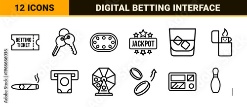 Minimalist Casino Line Art Icons for Professional UI Design and Gambling Apps Featuring Geometric Monoline Aesthetic