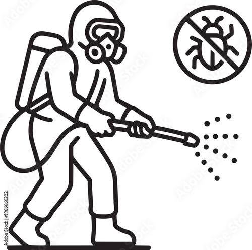 Professional worker technician in protective suit walking and spraying chemical pesticide for bug extermination line icon vector