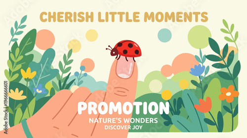 Promotion Banner with a Ladybug and Botanical Elements