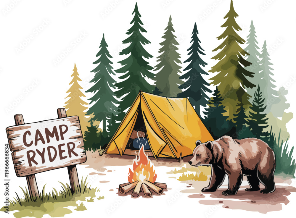 Ταπετσαρία Camp Ryder Forest Adventure Bear Camping Outdoor Illustration
