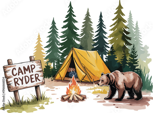 Fotografie Camp Ryder Forest Adventure Bear Camping Outdoor Illustration