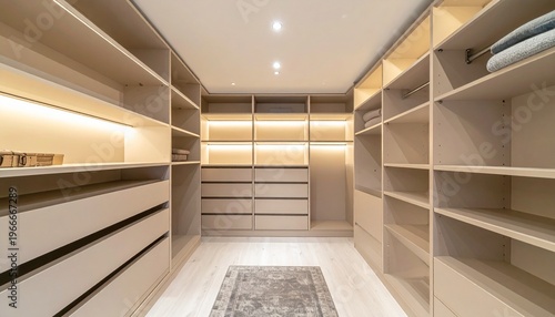 Walk in closet design with organized shelves, lighting, and luxury feel