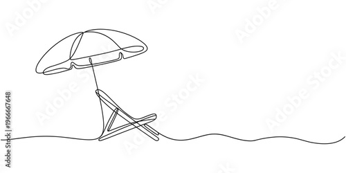 Continuous one line drawing of Beach chair lounger with umbrella. Single line drawing illustration of Beach umbrella and chair.