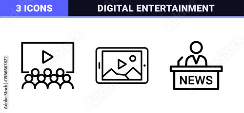 Digital Cinema and Streaming Media Production UI Elements, Minimalist Monoline Outline Symbols for Professional Video Editing Interfaces
