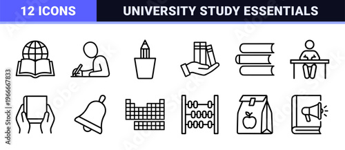 Education and Academic Learning Minimalist Monoline Geometric Line Art Set Featuring School Supplies, Study Tools, and University Symbols