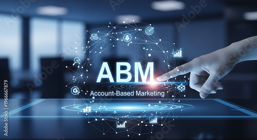 Modern virtual touchscreen display showing ABM abbreviation for account-based marketing strategy concept with futuristic glowing interface and finger pressing digital button.