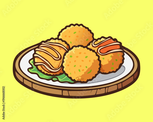 Round golden fritters served on a wooden board with garnishes for a perfect savory party snack - Vector Illustration