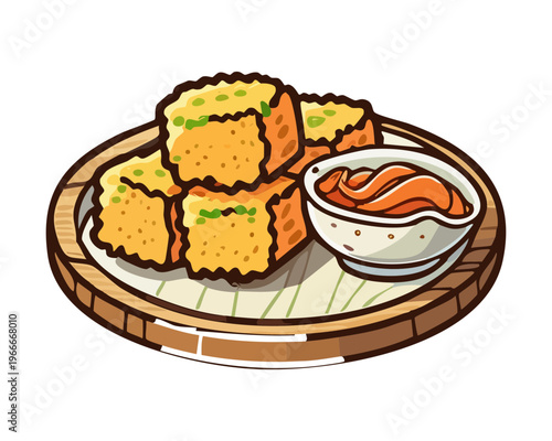 Small bites of fried tofu cubes topped with savory sauce and green onions on a platter - Vector Illustration