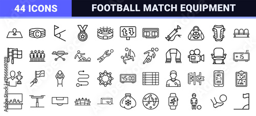 Minimalist Soccer and Football Tournament Equipment Monoline Icons for Professional Sports Analytics and Team Management Interface Design