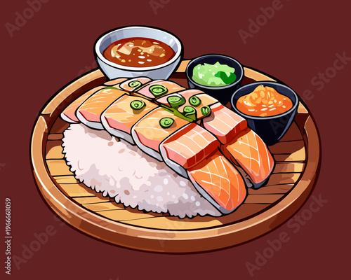 Fresh salmon sashimi slices served over premium rice with various side dishes and spicy dipping sauce - Vector Illustration