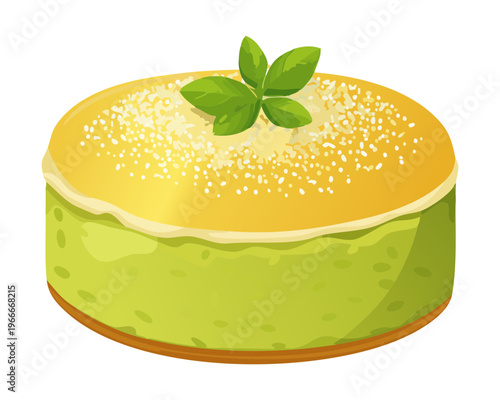 Fluffy green matcha sponge cake topped with fine sugar and fresh mint leaves for dessert - Vector Illustration