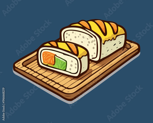 Slices of savory egg roll filled with vegetables and meat served on a wooden board - Vector Illustration