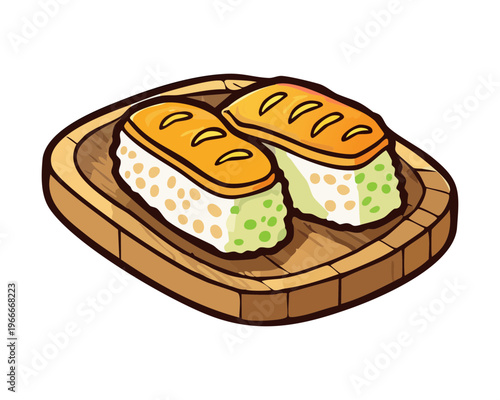 Healthy vegetable sushi rolls topped with fresh sprouts and served on a rustic wooden platter - Vector Illustration